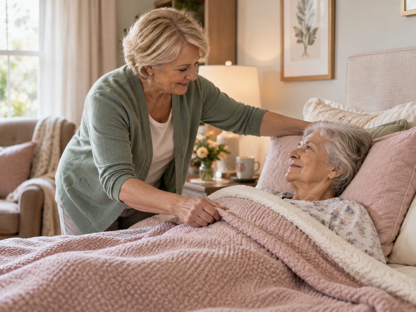 A caregiver tucks a soft pink blanket around an older woman resting in bed at home
