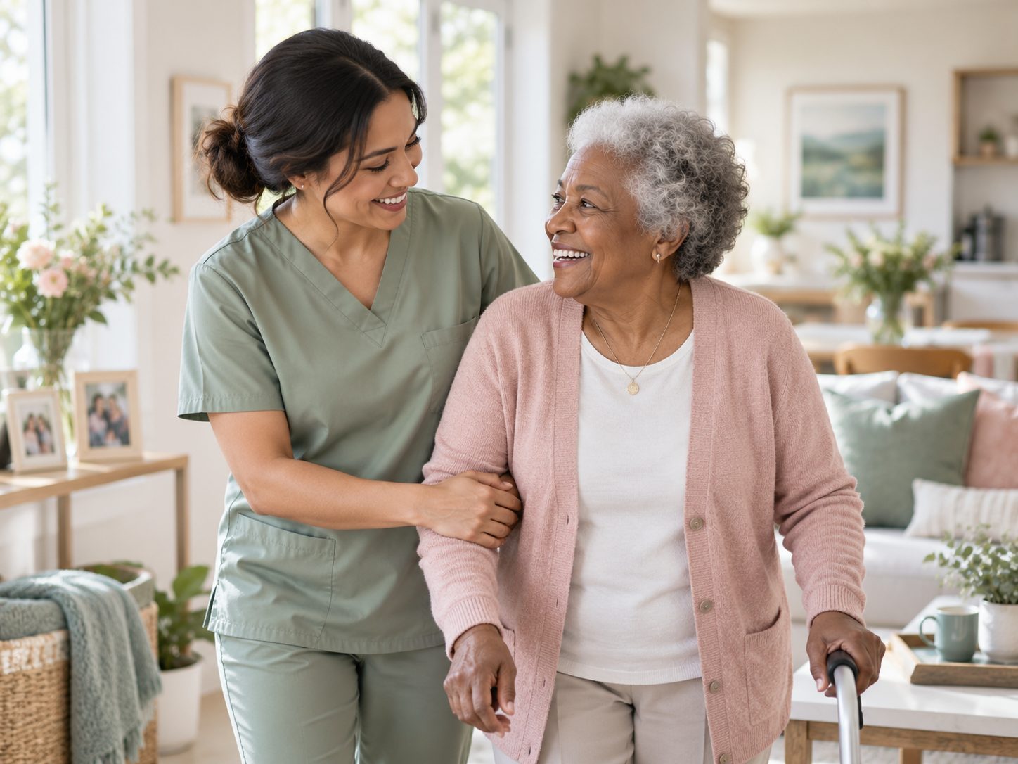 A caregiver walks arm in arm with a smiling older woman who uses a cane in a bright living room